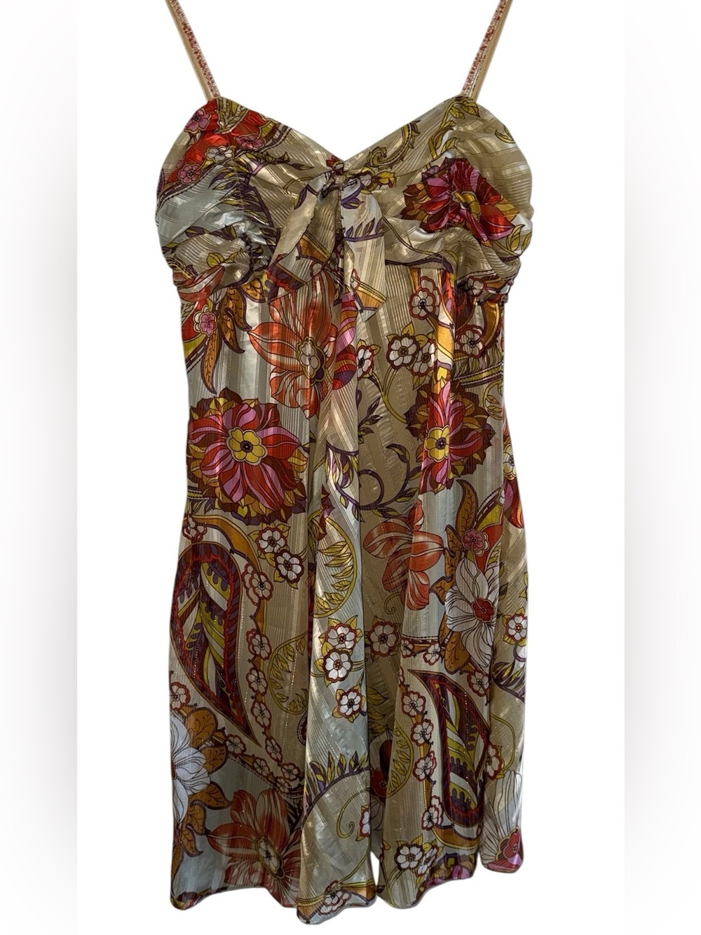 Vintage Eva Blue Gold Metallic Floral Dress 12 Fit & Flare 70’s Vibes Feminine